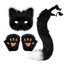 (Black) Fluffy Fur Fox Tail Cat Paws Gloves Wolf Mask Set Masquerade Handmade Halloween Cosplay Costume Accessories
