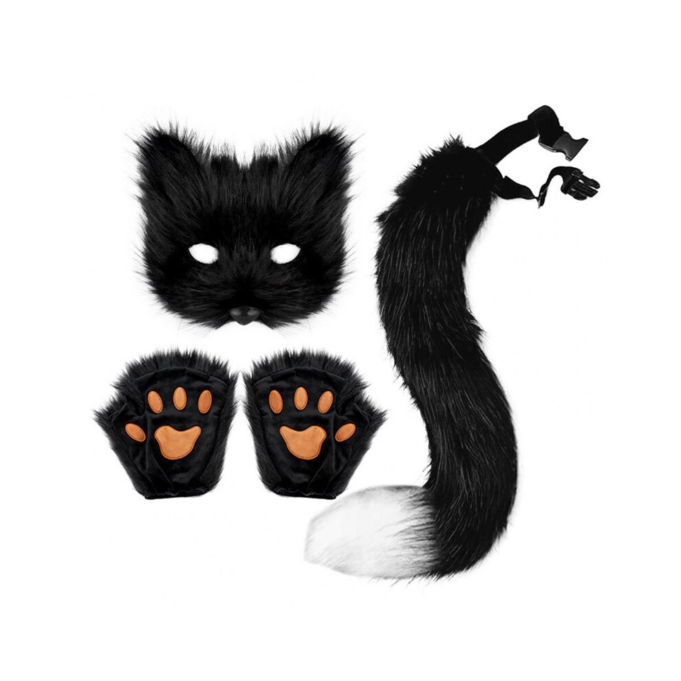 (Black) Fluffy Fur Fox Tail Cat Paws Gloves Wolf Mask Set Masquerade Handmade Halloween Cosplay Costume Accessories Black
