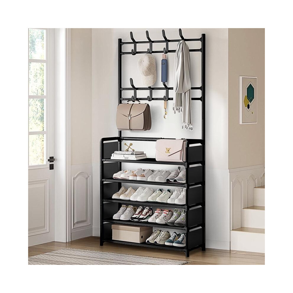 (Default) 3 IN 1 Coat Hat Stand 8 Hooks Metal Shoe Rack Shelf Hanger W/ Side Dust Cloth 5 Tiers-image-OPC-PJ6XBPG-NEW