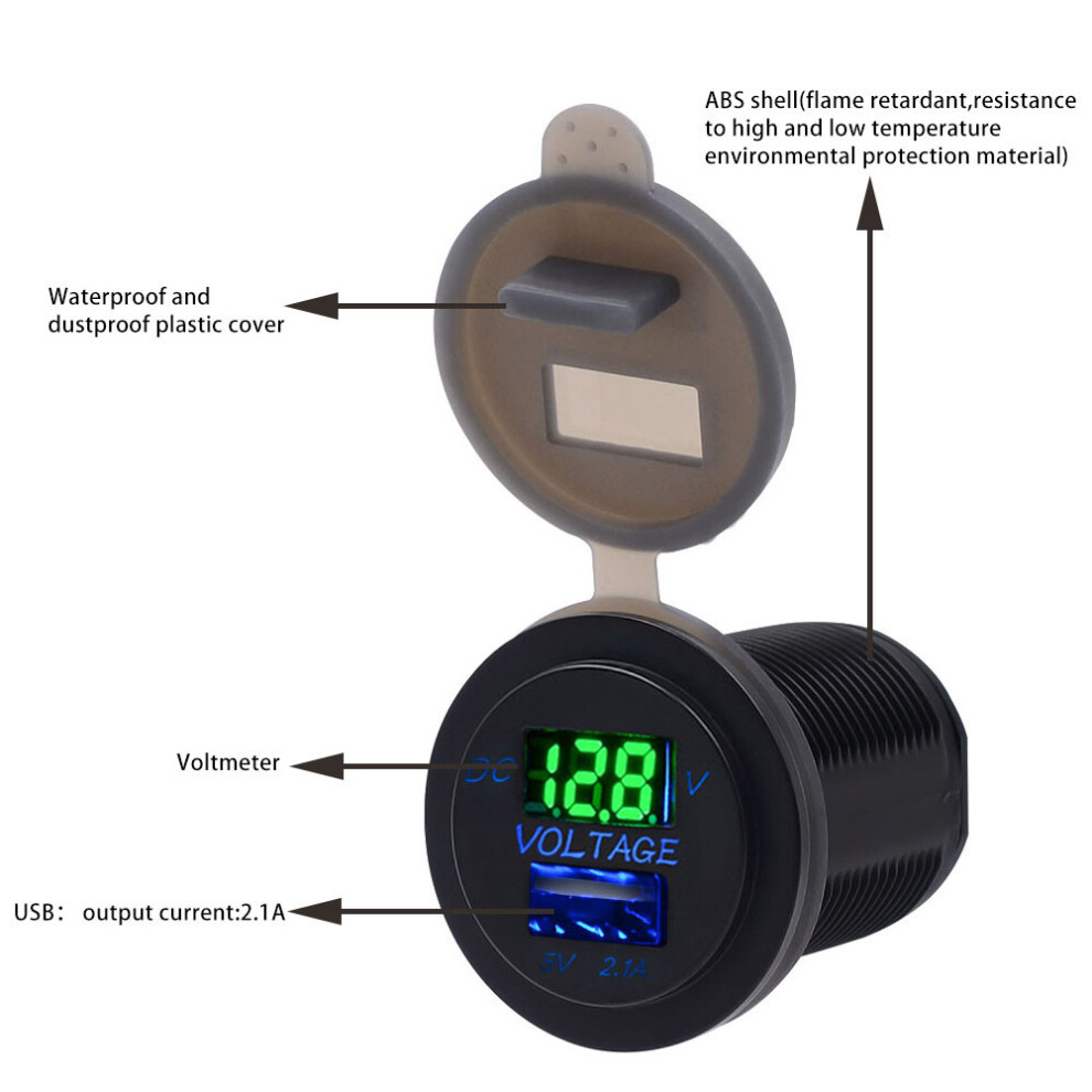 Usb Car Charger Voltmeter Ip66 Waterproof Display 2.1A 12-24V Green 5091330109001