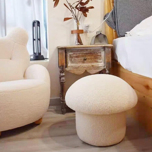 Lambsfaux wool Mushroom Stool Round Stool for Living Room Solid Wood Soft Comfortable 2