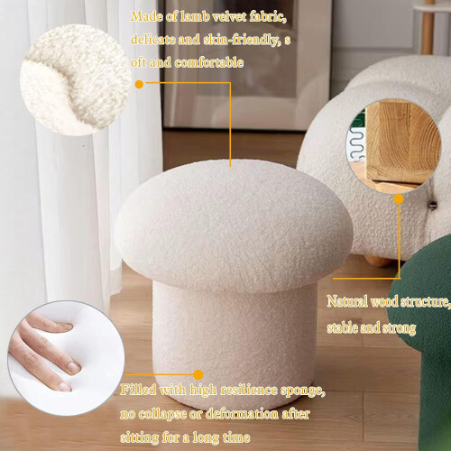 Lambsfaux wool Mushroom Stool Round Stool for Living Room Solid Wood Soft Comfortable 1