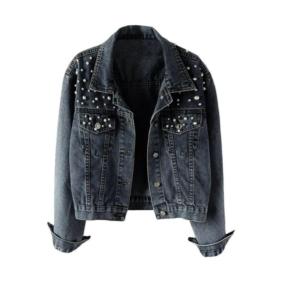 (black, XXXXXL) Womens Long Sleeve Cardigan Denim Jacket Solid Single Breasted Cropped Beaded Coat