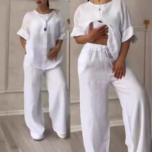 (white, XXXXL) Cotton Linen Sets Two 2 Pieces Sale Casual Long Sleeve Button Loose Blouse Shirt&high Elastic Wide Leg Loose Pant Suits