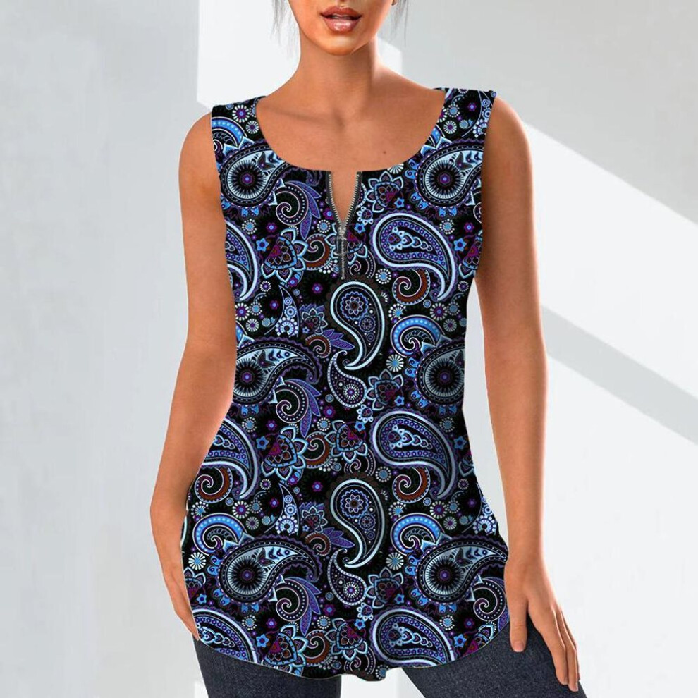 (XS, blue) Women's Fashion V Neck Shirts Casual Tops T-shirt Ladies 3D Retro Pattern Print Vest Plus Size Sleeveless Blouse Tank Tops