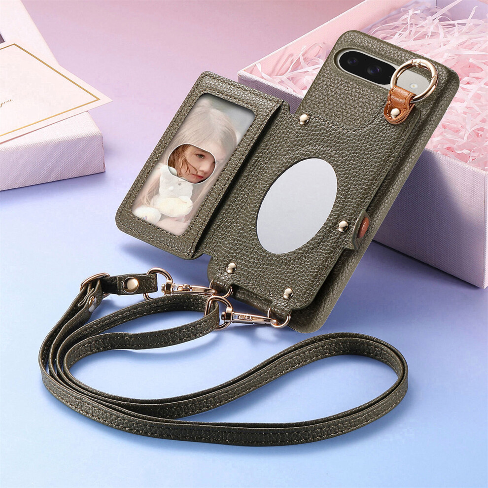 (Midnight Green, Google Pixel 8 A) Suitable for Google Pixel 9A wallet phone case large storage card holder anti-fall protective cover crossbody long rope mirror case