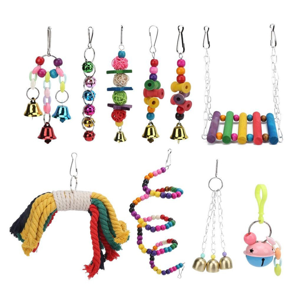 Birds Swing Toy Natural Wood Hanging Chewing Perch Toy Set With Bells Wooden Beads