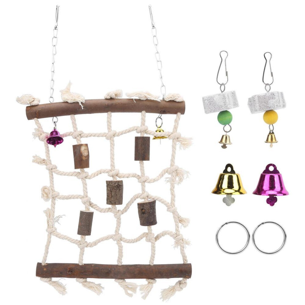3 Pcs Parakeet Toy Wooden Block Cotton Rope Climbing Net With Molar Stone Strings Swing Toy For