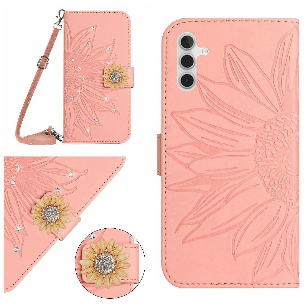 (Pink) Flip Case For Samsung Galaxy A17 Sunflower Leather Wallet With Card Slot Stand With A Long Lanyard Kickstand Protective Pink 764563129607