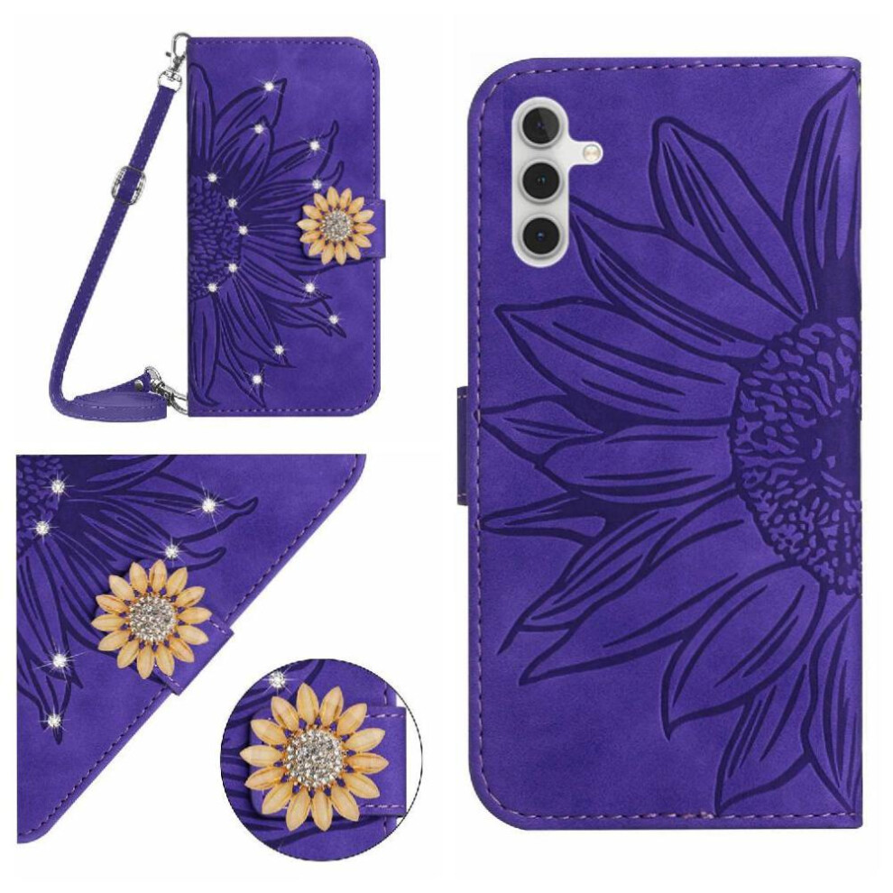 ( Violet) Flip Case For Samsung Galaxy A17 Sunflower Leather Wallet With Card Slot Stand With A Long Lanyard Kickstand Protective Dark 764563129690