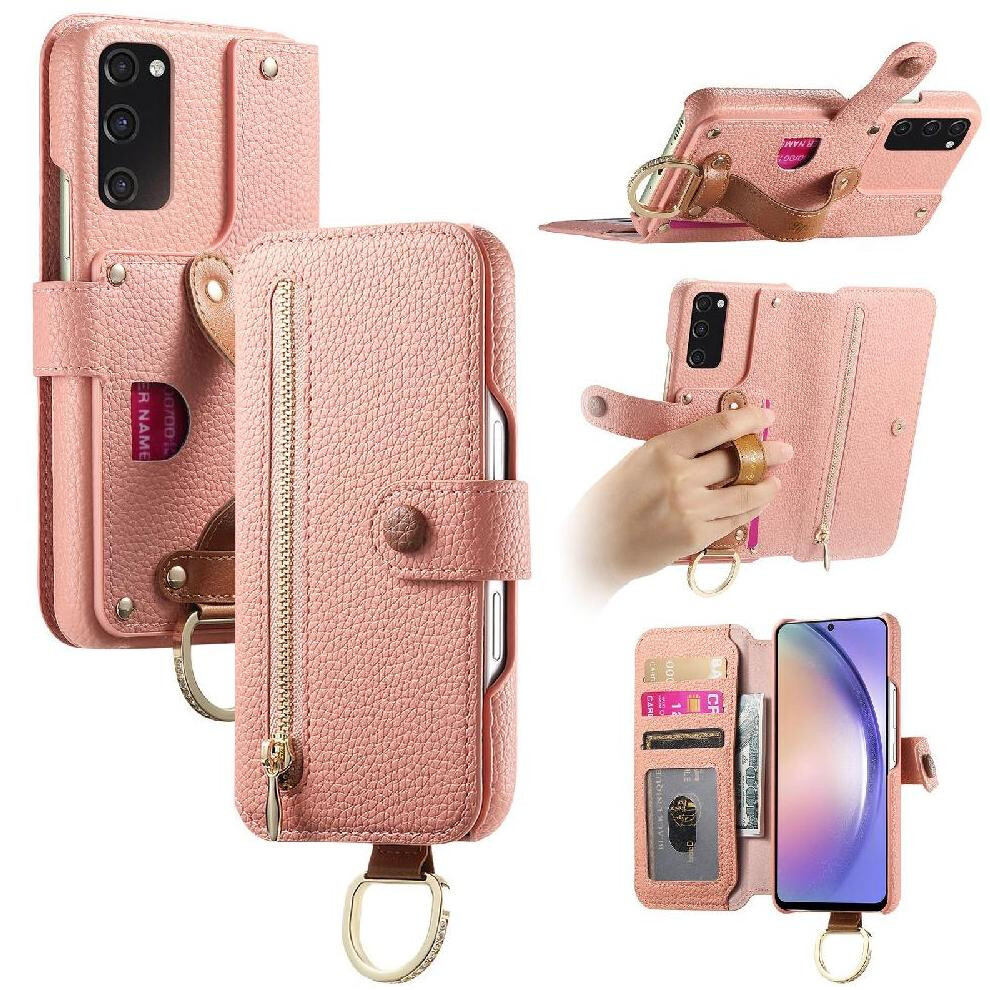 (Pink) Flip Case For Samsung Galaxy S20 Fe Wristband Stand Wallet Zipper Crad Slot Pink 764563129980