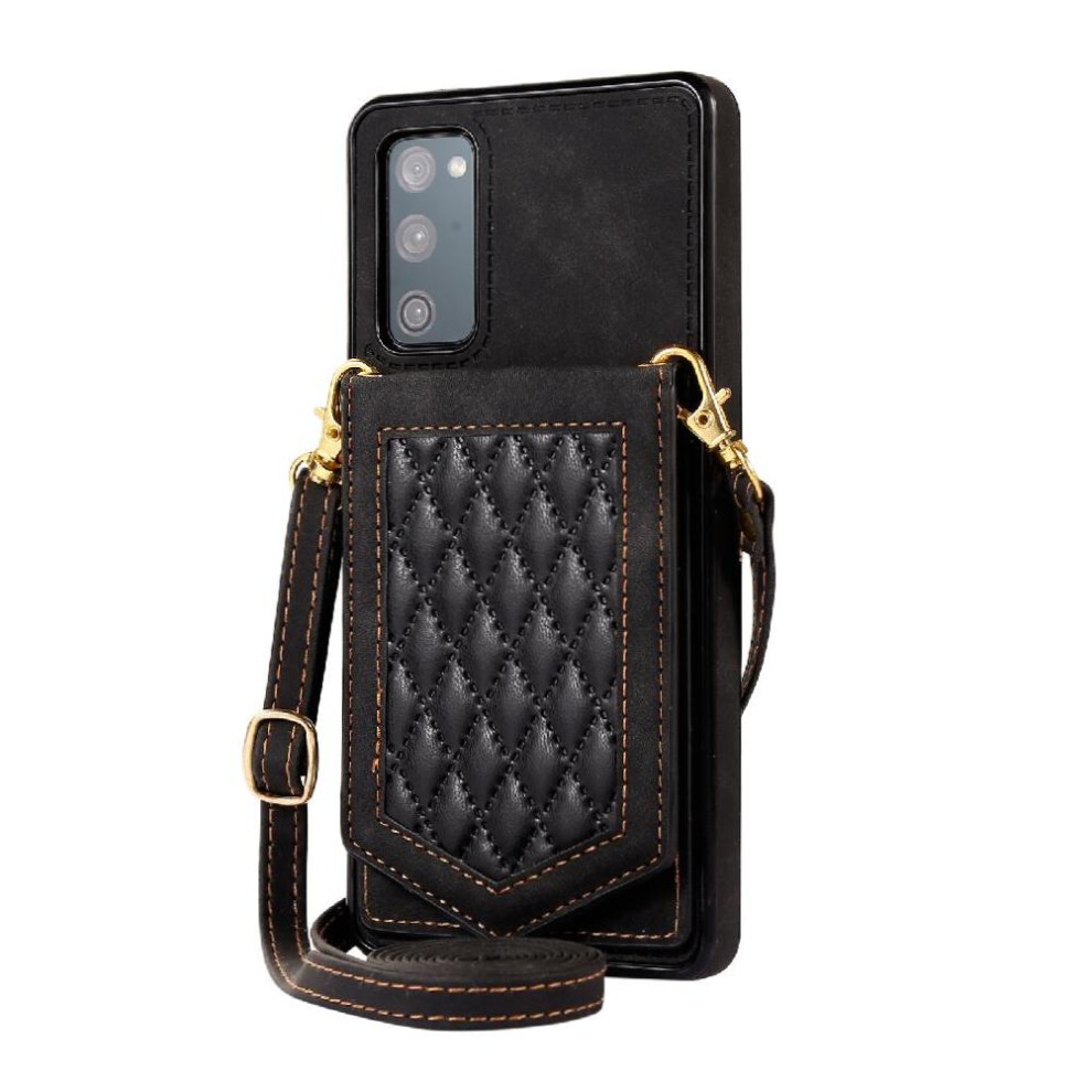 (Black) Flip Case For Samsung Galaxy S20 Fe Shoulder Strap Rfid Blocking Magnetic Closure Mirror Wallet Case Black 764563130733