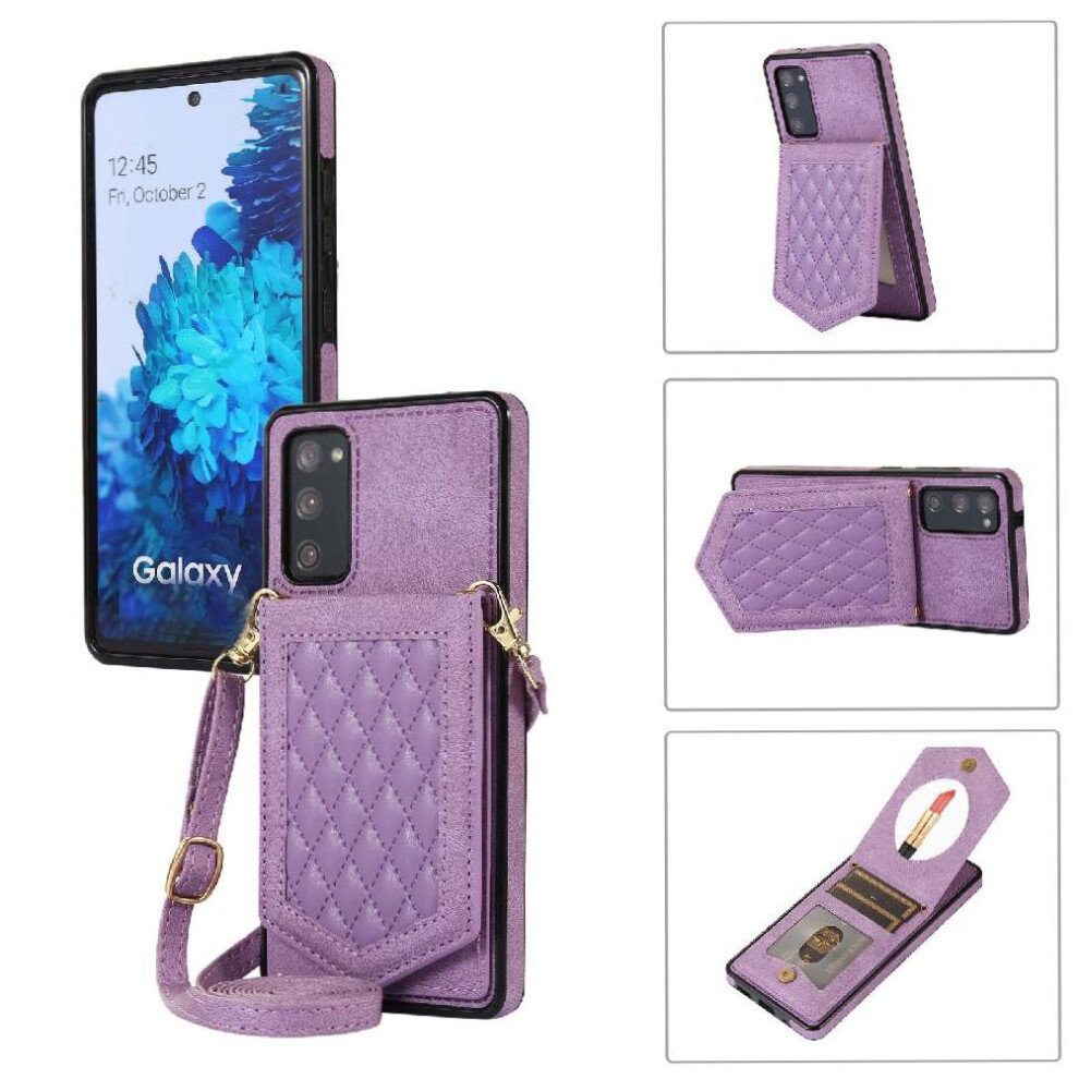 (Purple) Flip Case For Samsung Galaxy S20 Fe Shoulder Strap Rfid Blocking Magnetic Closure Mirror Wallet Case Purple 764563130702
