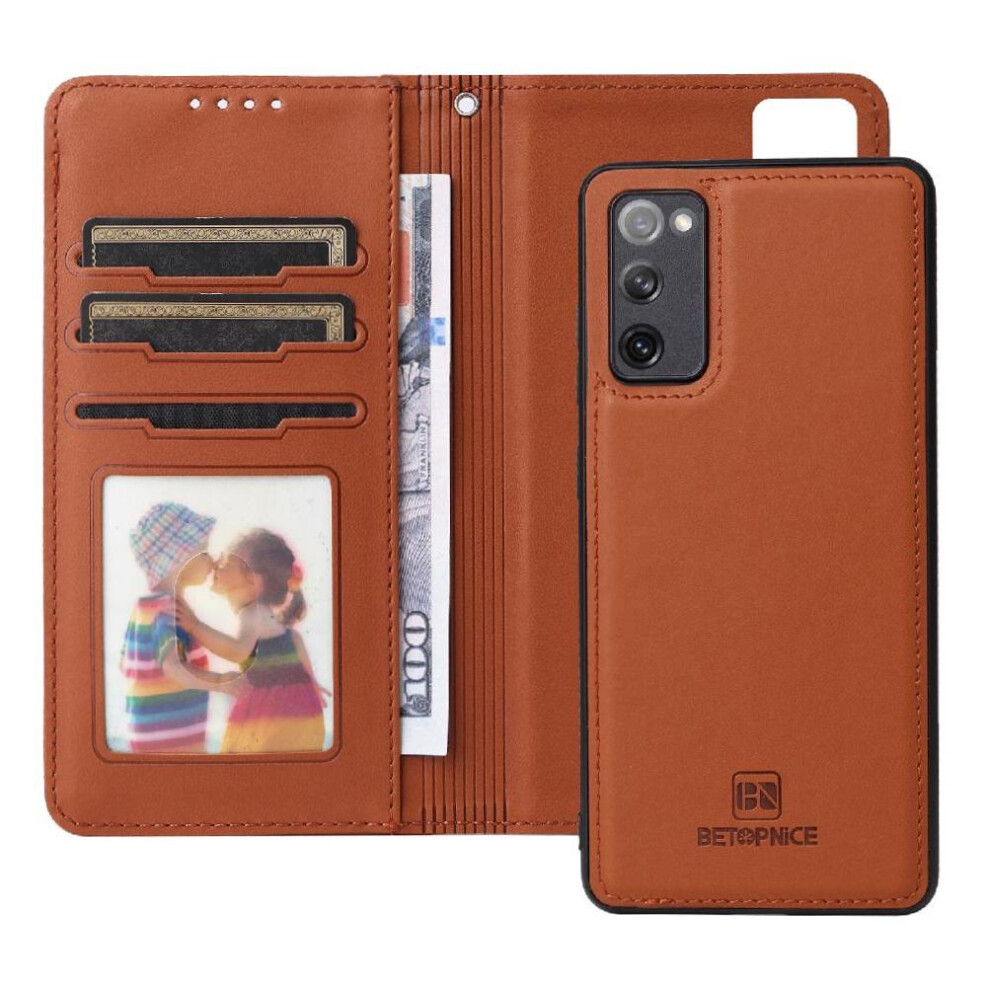 (Brown) Flip Case For Samsung Galaxy S20 Fe Wireless Charging Rfid Blocking Flip Cover Detachable Design Wallet Brown 764563130887