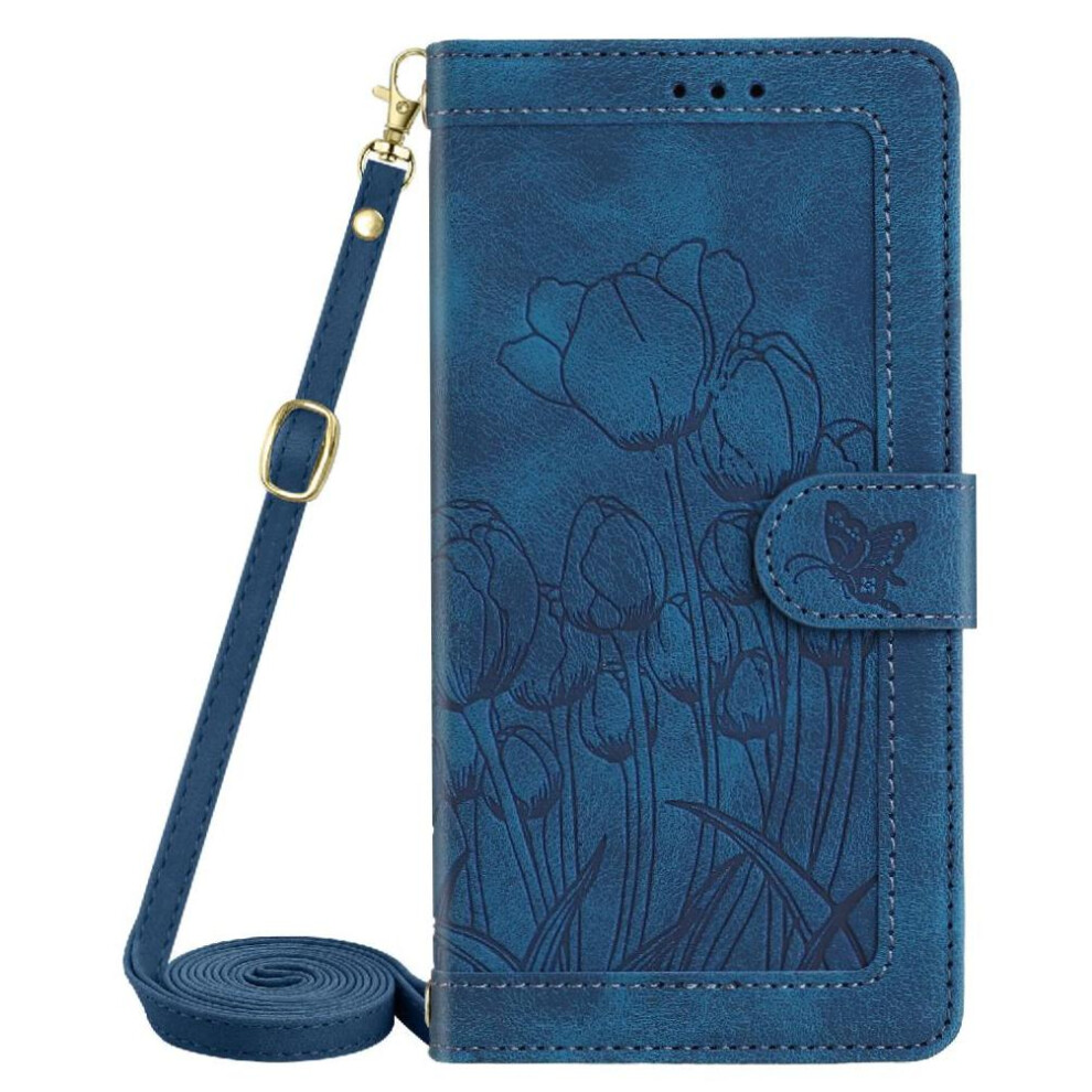 (Blue) Fashion Wallet Case For Samsung Galaxy S20 Fe Magnetic Closure Tulip Embossed Flip Case Kickstand Pu Leather Crossbody And Wrist Strap Blue 764563132492