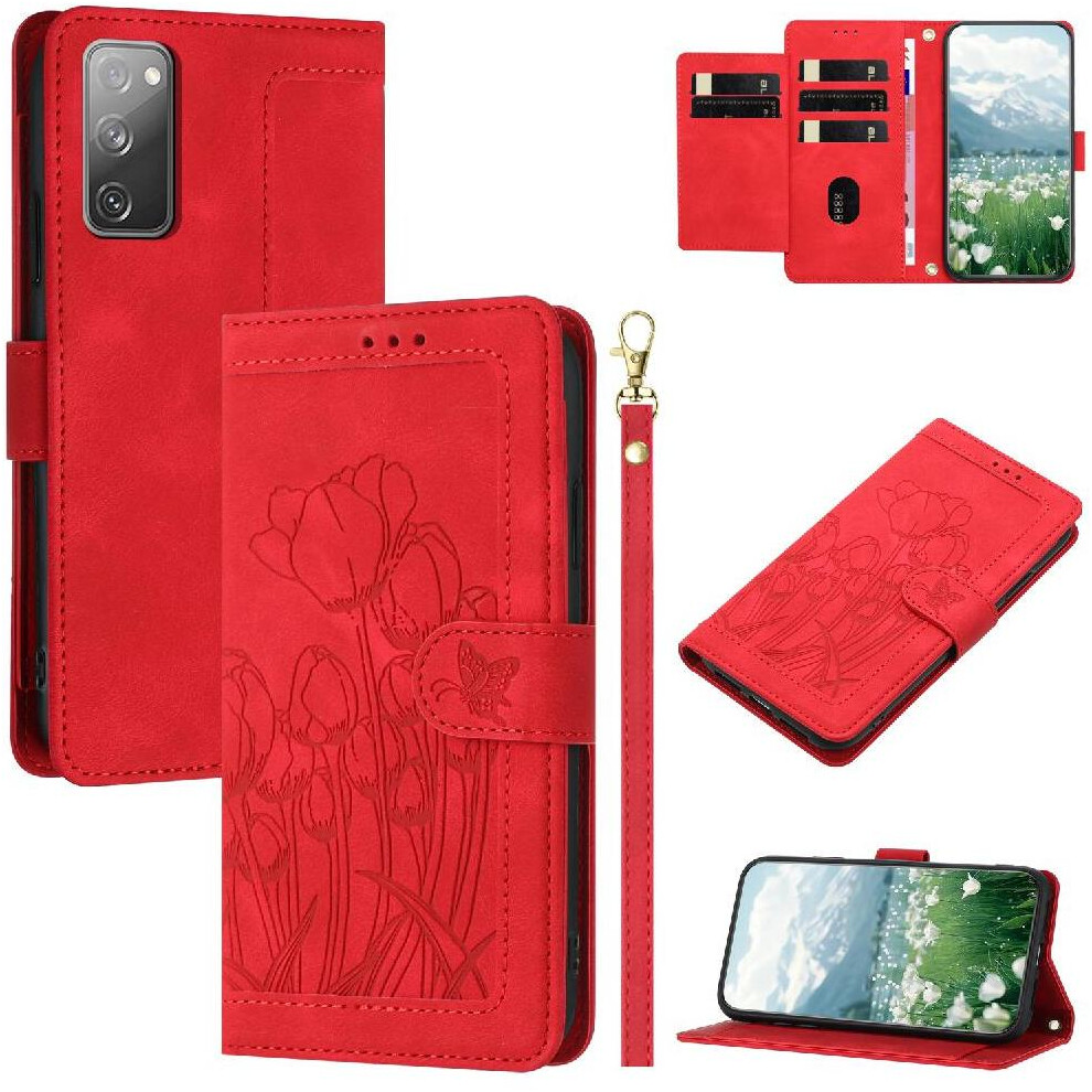 (Red) Wallet Case For Samsung Galaxy S20 Fe Kickstand Wrist Strap Pu Leather Magnetic Closure Tulip Embossed Flip Case Red 764563132621