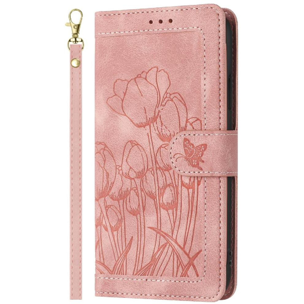(Pink) Wallet Case For Samsung Galaxy S20 Fe Kickstand Wrist Strap Pu Leather Magnetic Closure Tulip Embossed Flip Case Pink 764563132591