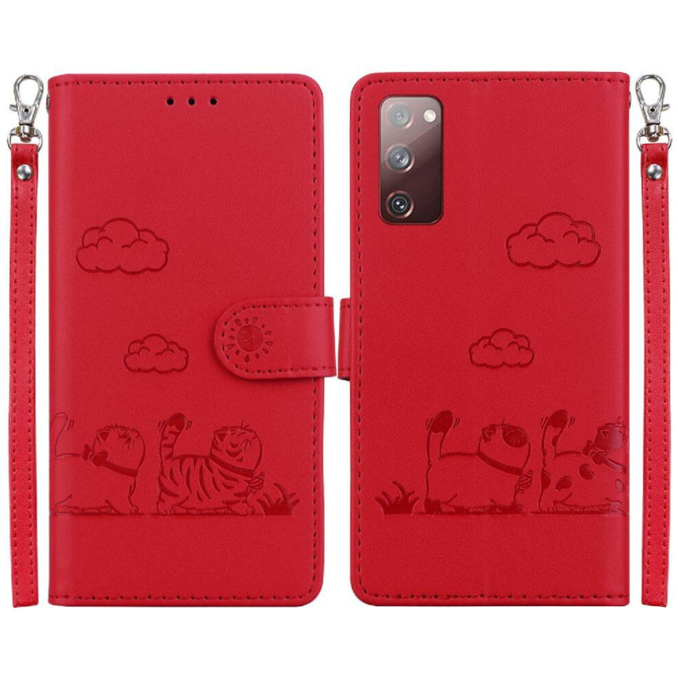 (Red) Flip Case For Samsung Galaxy S20 Fe 5G Leather Wallet Card Slot Holder Kickstand Cat Rfid Red 764563133543