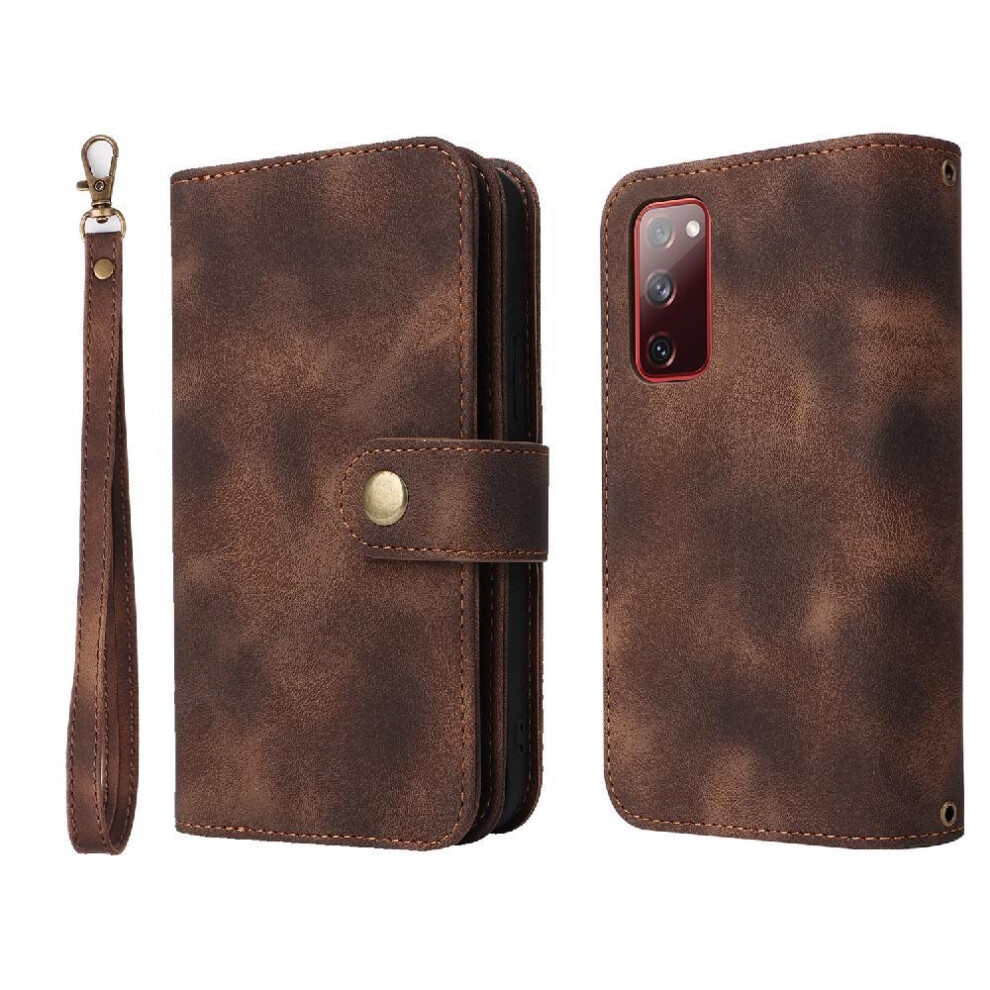 (Brown) Flip Case For Samsung Galaxy S20 Fe Card Slots Shockproof Multifunctional Wallet Wrist Strap Flip Brown 764563134045