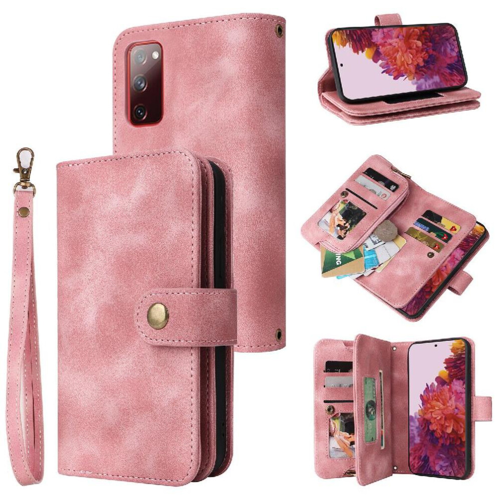(Pink) Flip Case For Samsung Galaxy S20 Fe Card Slots Shockproof Multifunctional Wallet Wrist Strap Flip Pink 764563134038