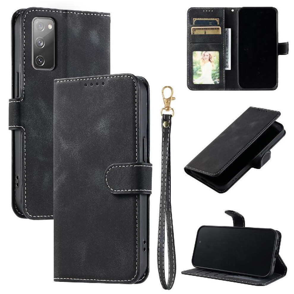 (Black) Flip Case For Samsung Galaxy S20 Fe Wrist Strap Pu Leather Wallet Card Slots Magnetic Kickstand Black 764563134618