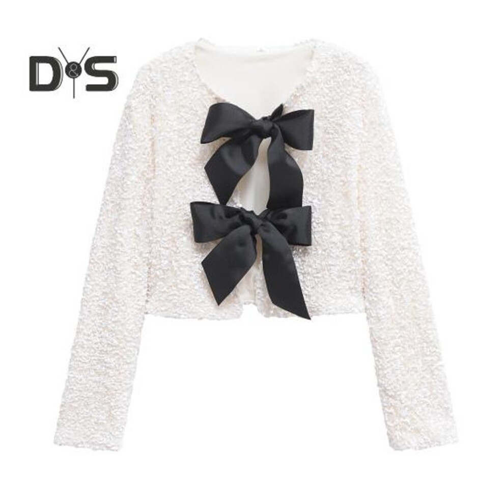 (XL, white) Women Sequin Jacket Big Bow Decor Loose Round Neck Long Sleeves Solid Color Cardigan Coat Short Type Outerwear For Dating Commuting Club Party