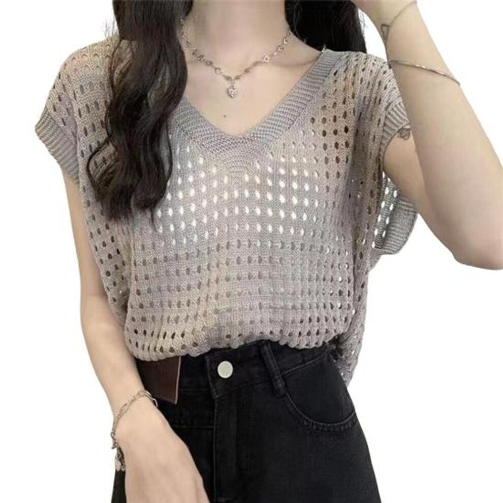 (grey) Women Tops Hollow Out V-neck Sleeveless Knit Tank Tops Solid Color