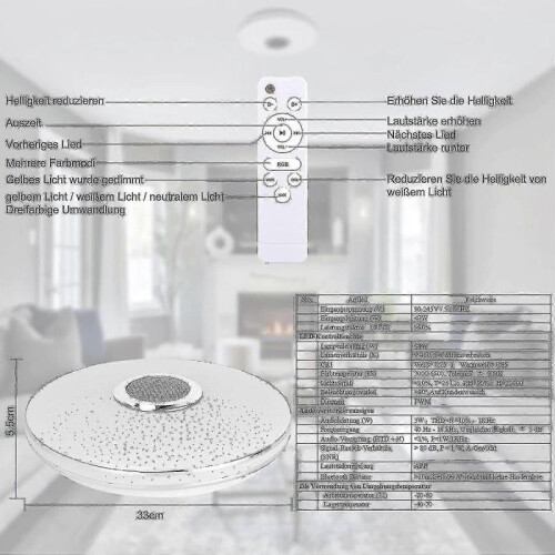 36w Led Deckenleuchte Dimmbar Mit Bluetooth Lautsprecher,led Deckenlampe Mit Fernbedienung Oder App- 2