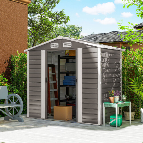 Outsunny 7 x 4ft Upgraded Metal Shed with Lock, Easy to Assemble, Light Grey