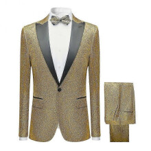 (M, Gold) Mens 2 Piece Shiny Business Suit Party Blazer and Pants
