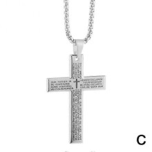 (Silver) Cross Pendant Necklace for Men Stainless Steel Lord's Prayer Bible Chain