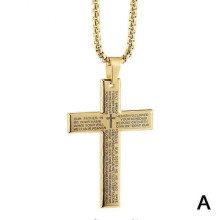 (Gold) Cross Pendant Necklace for Men Stainless Steel Lord's Prayer Bible Chain