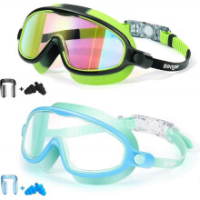 (Light Blue & Black/Green) Swim Goggles 2 Pack Anti-Fog Anti-UV Wide View Swimming Goggles for Kids 3-14