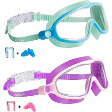 (Lightgreen & Purple) Swim Goggles 2 Pack Anti-Fog Anti-UV Wide View Swimming Goggles for Kids 3-14