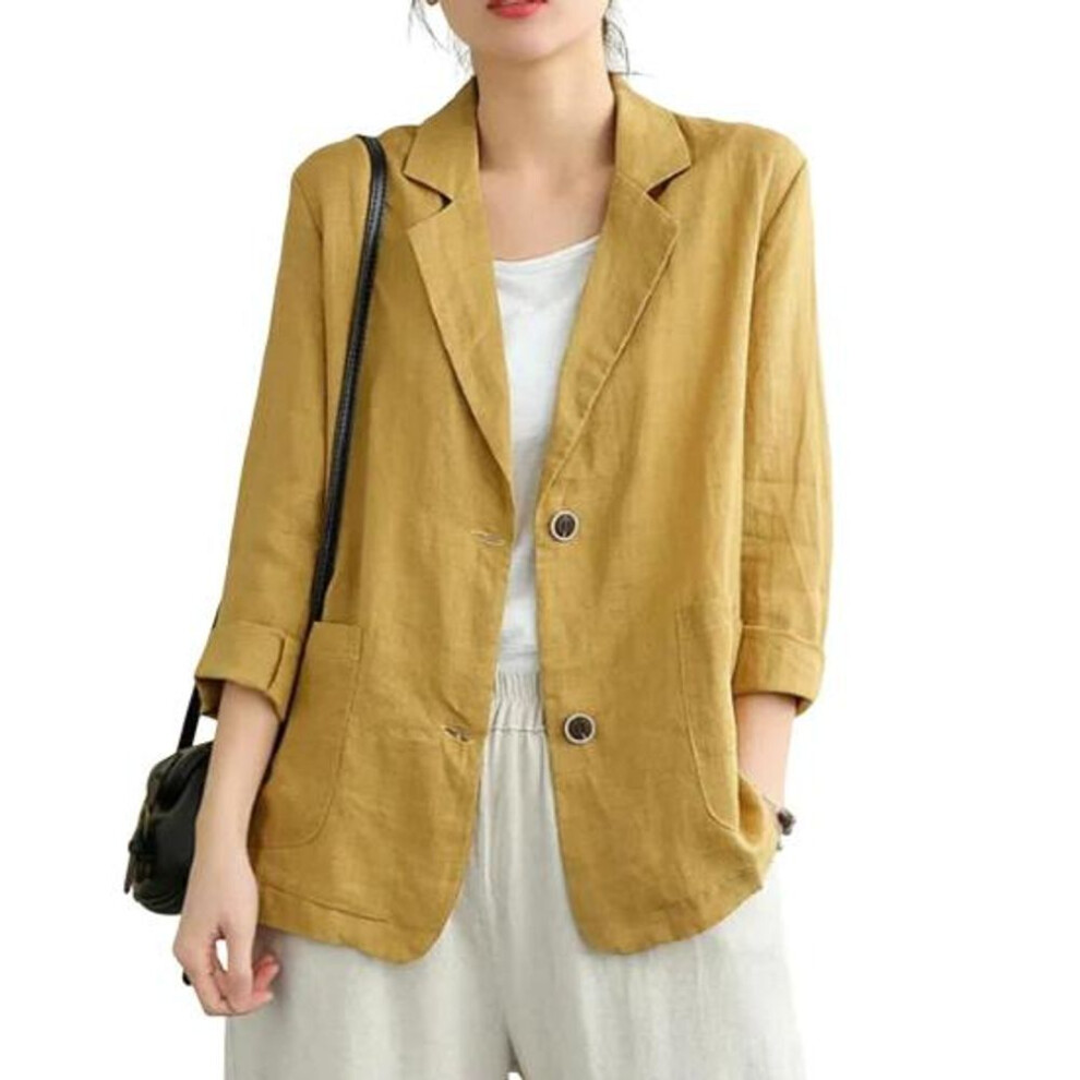 (yellow, M) Cotton Linen Coat For Women Vintage Long Sleeve Blazer Jacket Casual Lapel