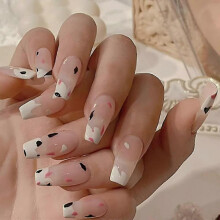 Coffin Press On Nails- Milk Pattern Full Coverage False Nails Lovely French Fake Nails for Women And Girle