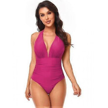 (S, COLOR3) Women V Neck New Arrival One Piece Swimsuit Halter Backless Ruched Tummy Control Bathing Suit