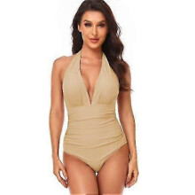 (S, COLOR10) Women V Neck New Arrival One Piece Swimsuit Halter Backless Ruched Tummy Control Bathing Suit