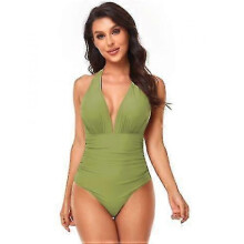 (S, COLOR11) Women V Neck New Arrival One Piece Swimsuit Halter Backless Ruched Tummy Control Bathing Suit