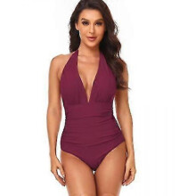 (S, COLOR5) Women V Neck New Arrival One Piece Swimsuit Halter Backless Ruched Tummy Control Bathing Suit