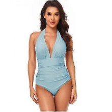 (M, COLOR15) Women V Neck New Arrival One Piece Swimsuit Halter Backless Ruched Tummy Control Bathing Suit