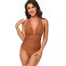 (L, COLOR14) Women V Neck New Arrival One Piece Swimsuit Halter Backless Ruched Tummy Control Bathing Suit