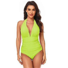 (L, COLOR6) Women V Neck New Arrival One Piece Swimsuit Halter Backless Ruched Tummy Control Bathing Suit