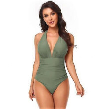 (L, COLOR13) Women V Neck New Arrival One Piece Swimsuit Halter Backless Ruched Tummy Control Bathing Suit