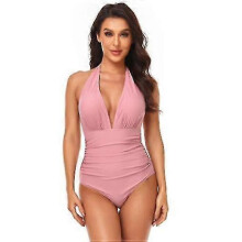 (XXL, COLOR7) Women V Neck New Arrival One Piece Swimsuit Halter Backless Ruched Tummy Control Bathing Suit