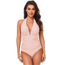 (XXL, COLOR9) Women V Neck New Arrival One Piece Swimsuit Halter Backless Ruched Tummy Control Bathing Suit