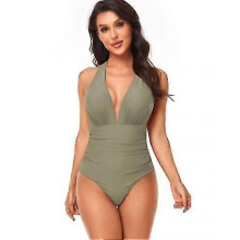 (XXL, COLOR2) Women V Neck New Arrival One Piece Swimsuit Halter Backless Ruched Tummy Control Bathing Suit