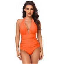 (XXL, COLOR8) Women V Neck New Arrival One Piece Swimsuit Halter Backless Ruched Tummy Control Bathing Suit