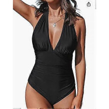 (XL, COLOR1) Women V Neck New Arrival One Piece Swimsuit Halter Backless Ruched Tummy Control Bathing Suit