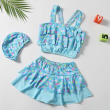 (S, blue) Fresh children's swimsuit, new floral skirt style striped split swimsuit, girl's swimsuit